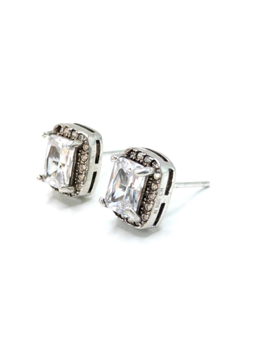 Sterling Silver 925 Halo Stud Earrings Rectangular Clear CZ Push Back 2.8g